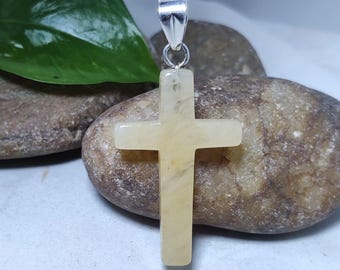 Yellow Aventurine Cross Pendant, Sterling Silver Necklace, Spiritual Christian Jewelry Gift