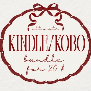 May include: A circular graphic with a dark red scalloped border and a matching bow at the top. The text reads ultimate KINDLE/KOBO bundle for 20 $. The background is a light cream color with a subtle paper-like texture throughout the entire design.