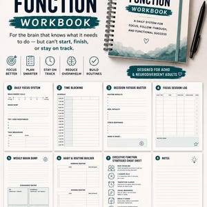 May include: An 8-page Executive Function Workbook with a spiral binding, featuring a white cover with dark blue text and a watercolor design. The workbook includes pages for daily focus, time blocking, habit building, and an executive function strategy cheat sheet.