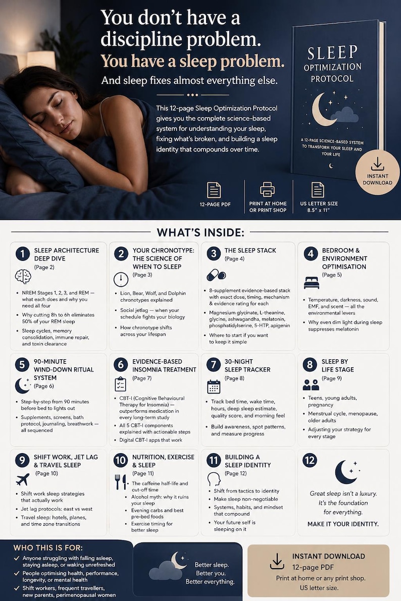 K&ouml;nnte beinhalten: Ein 12-seitiges digitales Dokument namens Sleep Optimization Protocol im US-Letter-Format von 21,6 cm x 27,9 cm. Das dunkelblaue Cover zeigt wei&szlig;en Text, eine Mondsichel und Wolken. Der Leitfaden umfasst zw&ouml;lf Abschnitte zu Schlafarmarchitektur, Chronotypen, Nahrungserg&auml;nzungsmitteln, Umgebung, Ritualen, Schlafst&ouml;rungen, Tracking, Lebensphasen, Reisen, Ern&auml;hrung und Identit&auml;t.