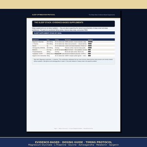K&ouml;nnte beinhalten: Ein Dokument mit dem Titel Sleep Optimization Protocol, das eine Tabelle namens The Sleep Stack: Evidence-Based Supplements enth&auml;lt. Es listet verschiedene Nahrungserg&auml;nzungsmittel, Dosierungen, Zeitpunkte und Wirkmechanismen auf.