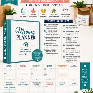 Moving Planner Printable PDF, New Home Checklist, Packing List, Box Labels, Change of Address, Moving Binder Digital Download