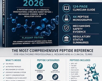 Peptidreferensen 2026 PDF | 124-sidig peptidguide | BPC-157, TB500, GLP-1, semaglutid, tirzepatid | Manual för klinisk forskning
