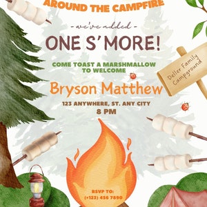 Uitnodiging/aankondiging babyshower 'One S'more' met kampvuurthema | Digitale download | Volledig aanpasbare tekst