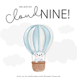 Blauwe wolk negen heteluchtballon uitnodiging/aankondiging babyshower | Digitale download | Volledig aanpasbare tekst