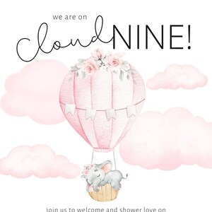 Roze wolk negen heteluchtballon baby shower uitnodiging/aankondiging | Digitale download | Volledig aanpasbare tekst