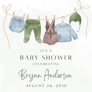Simplistische babyjongenkleding thema baby showeruitnodiging | Digitale download | Volledig aanpasbare tekst
