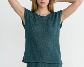 100% Linen Knit Top – Dark Green Boat Neck, Dropped Shoulder Blouse