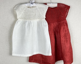 Linen(Flax) Dress Crochet Yoke  for  Girl