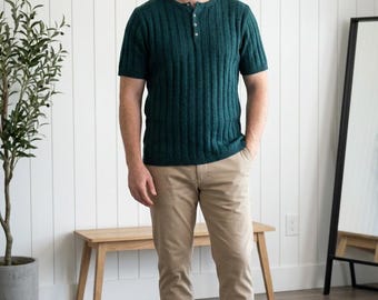 100% Linen (Flax) Knit Crew Neck Shirt Henley for Men