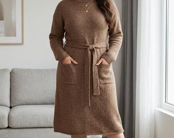 Hand Knit Midi Sweater Dress – Light Brown Alpaca Blend (Size 10/12)