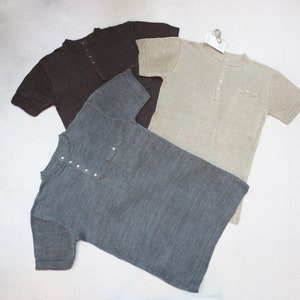 100% Linen (Flax) Knit Crew Neck Shirt Henley for Men