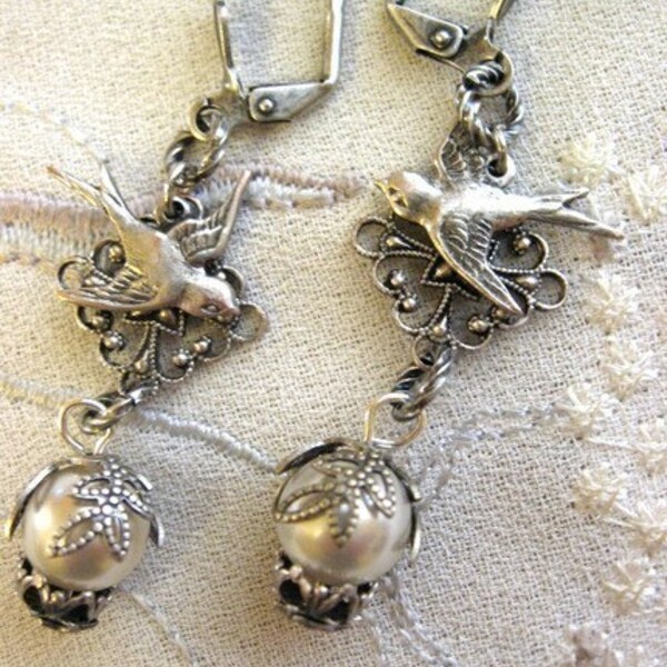 Free Shipping - Silver Swallow and Filigree Earrings with Pearls - Lucerne