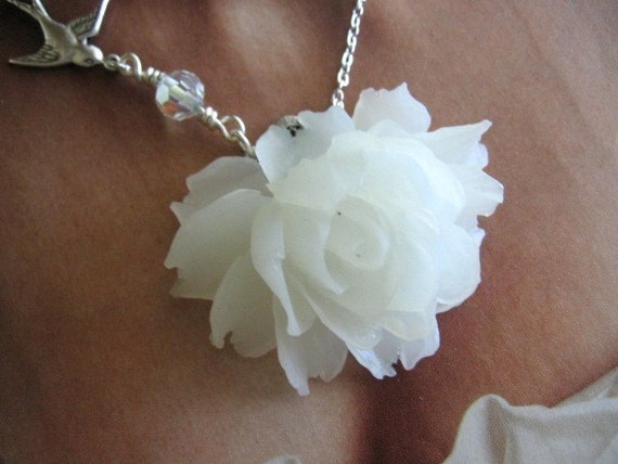 Items similar to Bridal Necklace White Rose and Swallow Necklace in ...