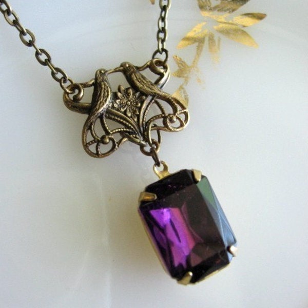 Free Shipping - Vintage Love Birds and Purple Amethyst Rhinestone Necklace