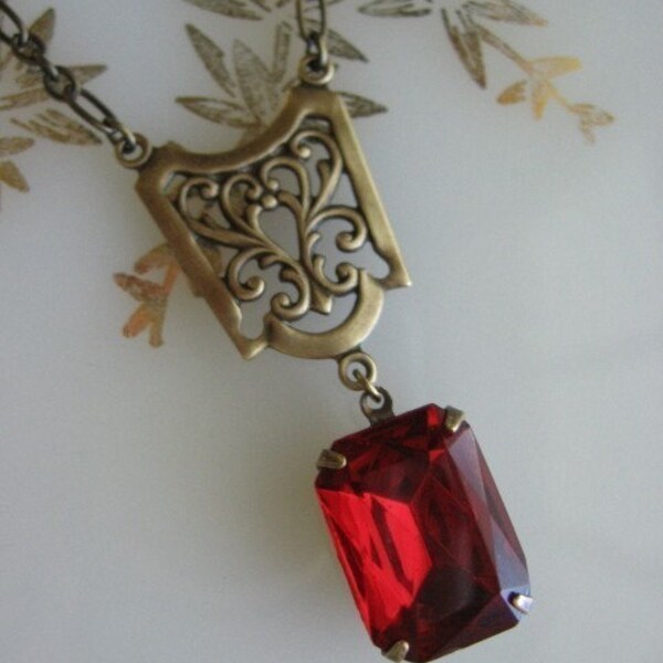 Free Shipping - Vintage Bronze Ruby Red Rhinestone Necklace