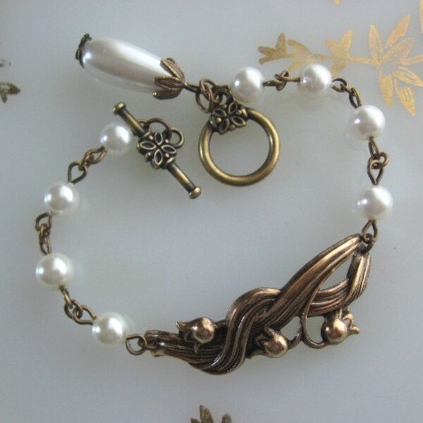 Free Shipping - Bronze Lily of the Valley Bracelet with Pearls - Faye