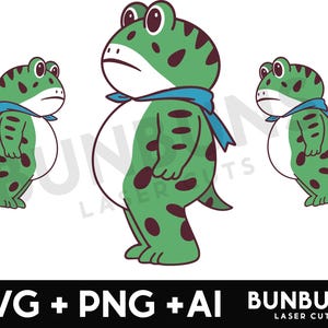 May include: Three cartoon frog illustrations. The frogs are green with dark brown spots, white bellies, and blue scarves. The image includes the text "SVG + PNG + AI" and "BUNBUNS LASER CUTS".