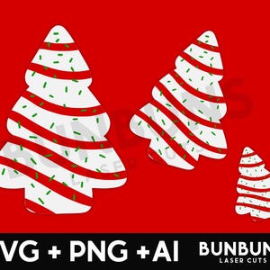 May include: Three white Christmas tree cutouts with red and green stripes and sprinkles. The trees are on a red background. The text "SVG + PNG + AI BUNBUNS LASER CUTS" is at the bottom of the image.
