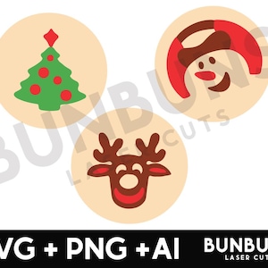 May include: Three Christmas-themed SVG cut files: a green Christmas tree with red ornaments, a red and white snowman with a black hat, and a brown reindeer with red antlers and a red nose.