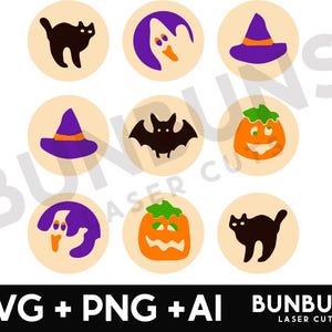 May include: Set of eight Halloween-themed SVG cut files featuring a ghost, bat, witch's hat, pumpkin, and black cat. The designs are in a circle shape with a cream background.