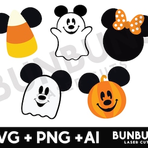 Puede incluir: Una colección de diseños de personajes de dibujos animados con temática de Halloween. Incluye un caramelo de maíz, un fantasma, una cabeza de Minnie Mouse con un lazo naranja, un fantasma con una cara y una calabaza. Los diseños son en negro, blanco, naranja y amarillo.