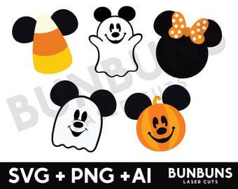 May include: A collection of Halloween-themed cartoon character designs. Includes a candy corn, a ghost, a Minnie Mouse head with an orange bow, a ghost with a face, and a jack-o'-lantern. The designs are in black, white, orange, and yellow.