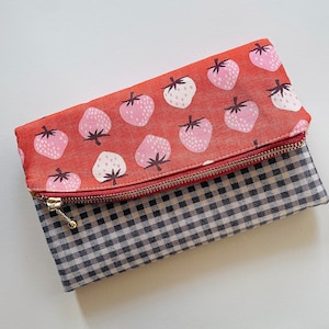 Ruby star strawberries, with re-purposed fabric in black-and-white, Winslet wallet, trifold with zippered compartment, handcrafted accessor