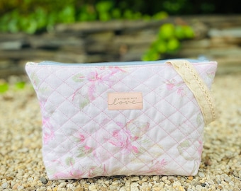 Handcrafted Floral Linen Cosmetic Bag: Shabby Chic Quilted Pouch