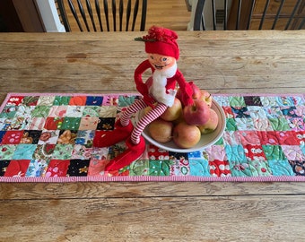 Vintage inspired nostalgic patchwork quilted Christmas  Table Runner, 37 by 12, quilted table linen, ready to ship, holiday decor