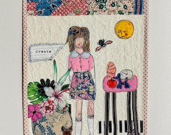 Textile Art Wall Hanging: Whimsical Fabric Collage (11 x 18 inches)