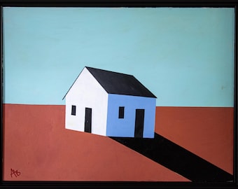 Framed original painting artwork, Farmhouse,  Barn,  Farm, minimalist, contemporary rural abstract landscape