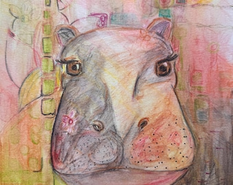 original mixed media art,  painting, hippo, hippopotamus painting, 9 x 12, abstraction