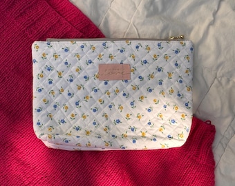 Handcrafted Floral Zippered Bag: Quilted Repurposed Fabric Cosmetic Pouch