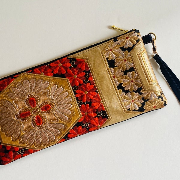 Upcycled Authentic Japanese obi clutch bag, repurposed,  evening bag, unique one of a kind OOAK, gold and black metallic, wristlet