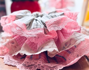 Oversized Lace Trim Scrunchie | Pink Gingham Hair Tie