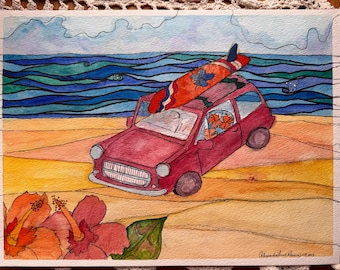 original watercolor painting, beach art, Hibiscus surfing car on Hawaiian beach, 9 x 12