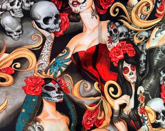 May include: Fabric featuring a repeating pattern of figures with sugar skull face paint, red roses, and human skulls. The figures wear black corsets and have intricate tattoos on their arms. The design includes swirling gold accents on a black background.