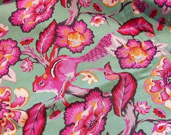 May include: A fabric featuring a repeating pattern of bright pink squirrels perched on branches amidst large, vibrant magenta and orange flowers. The background is a soft mint green, and the design includes detailed leaves in shades of deep pink.