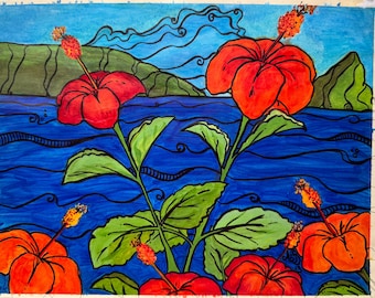 original mixed media painting, beach art, Hawaiian hibiscus, 8.5 x 11