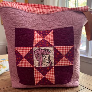 Oversized Quilted Star Project Bag, Alexander Henry Ghastlies Fabric, Large Knitting Bag, Sweater Yarn Bag with Leather Handle