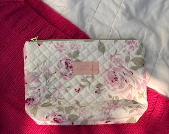 Handcrafted Floral Zippered Bag: Shabby Chic Repurposed Fabric, Quilted Cosmetic Bag