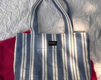 Blue Striped Tote Bag: Upcycled Cottagecore Shoulder Bag