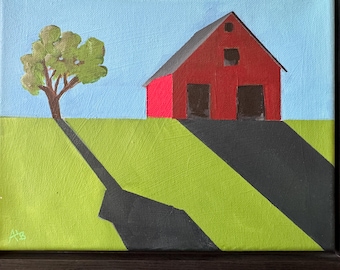 Original Abstract Barn Painting – Minimalist Landscape Wall Art (8 x 10 inches)