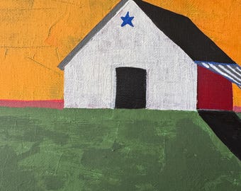 Original Abstract Barn Painting – Minimalist Landscape Wall Art (8 x 10 inches)