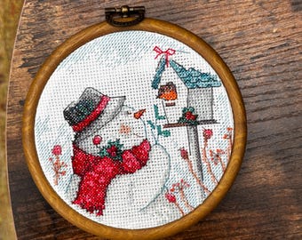 Hand-Embroidered Snowman Cross Stitch Hoop: Winter Birdhouse Christmas Decor