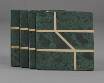 Green Marble Brass Strip Coasters (Set of 4)