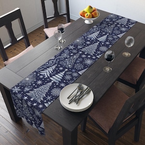 Silver & Blue Christmas Tree Table Runner, Holiday Decor