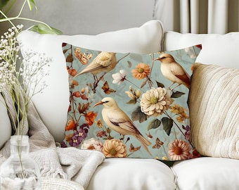 Vintage Birds and Butterflies Square Pillow | Decorative Throw Pillow | Nature-Inspired Home Decor
