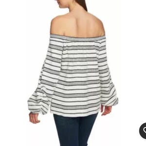 1.STATE Womens Ruched Sleeve Off the Shoulder Blouse, White - XL